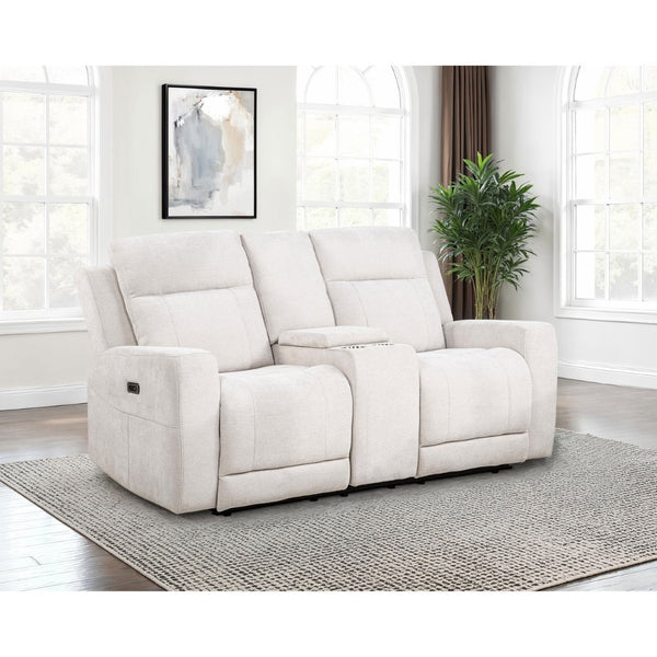 English Elm Patrick Chenille Power Reclining Loveseat with Console and Cup Holders for Modern Living Ivory B062P518344