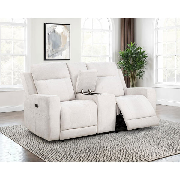 English Elm Patrick Chenille Power Reclining Loveseat with Console and Cup Holders for Modern Living Ivory B062P518344