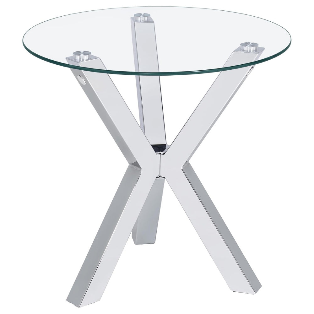 English Elm Alexa Sculptural Round Glass Top End Table with Angular Chrome Legs for Modern Spaces B062P518364