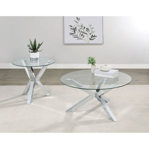 English Elm Alexa Sculptural Round Glass Top End Table with Angular Chrome Legs for Modern Spaces B062P518364