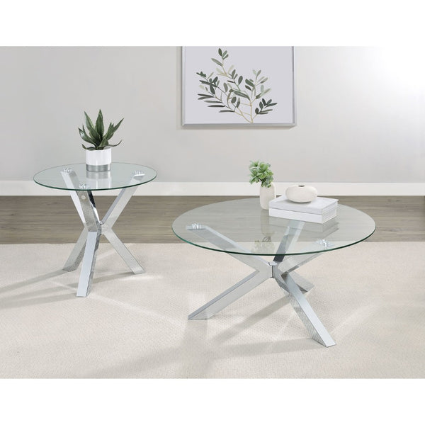 English Elm Alexa Sculptural Round Glass Top End Table with Angular Chrome Legs for Modern Spaces B062P518364