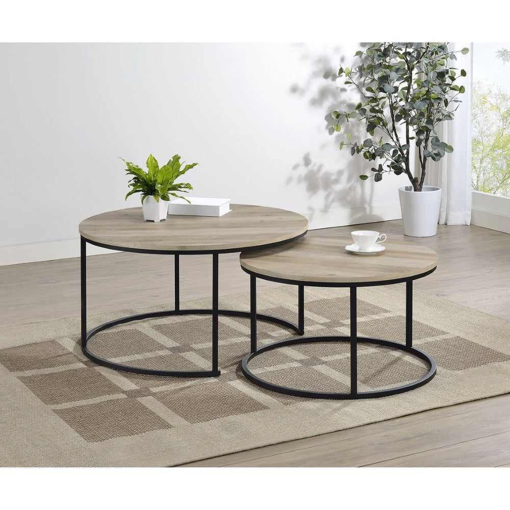 English Elm Arrize Round Nesting Coffee Tables Rustic Pine Finish with Matte Black Metal Bases B062P518394
