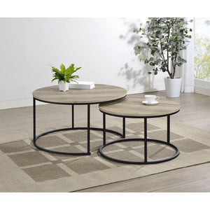 English Elm Arrize Round Nesting Coffee Tables Rustic Pine Finish with Matte Black Metal Bases B062P518394