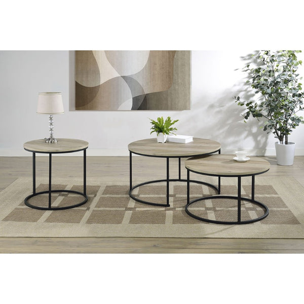 English Elm Arrize Round Nesting Coffee Tables Rustic Pine Finish with Matte Black Metal Bases B062P518394