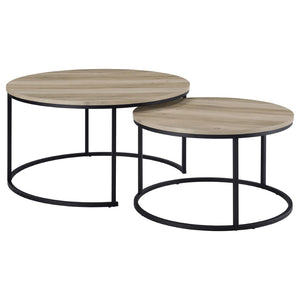 English Elm Arrize Round Nesting Coffee Tables Rustic Pine Finish with Matte Black Metal Bases B062P518394