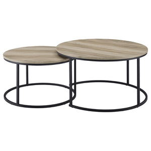 English Elm Arrize Round Nesting Coffee Tables Rustic Pine Finish with Matte Black Metal Bases B062P518394