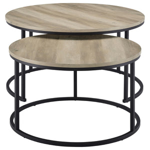 English Elm Arrize Round Nesting Coffee Tables Rustic Pine Finish with Matte Black Metal Bases B062P518394