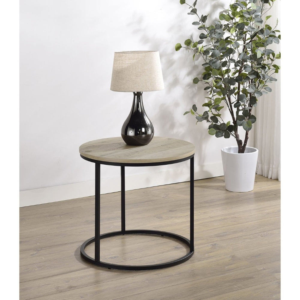 English Elm Arrize Round Side Table Weathered Pine Top Slim Metal Base for Living Room Corners B062P518395