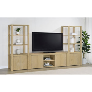 English Elm Susac Transitional Light Oak Media Console with Four Doors and Open Center Shelving B062P518402