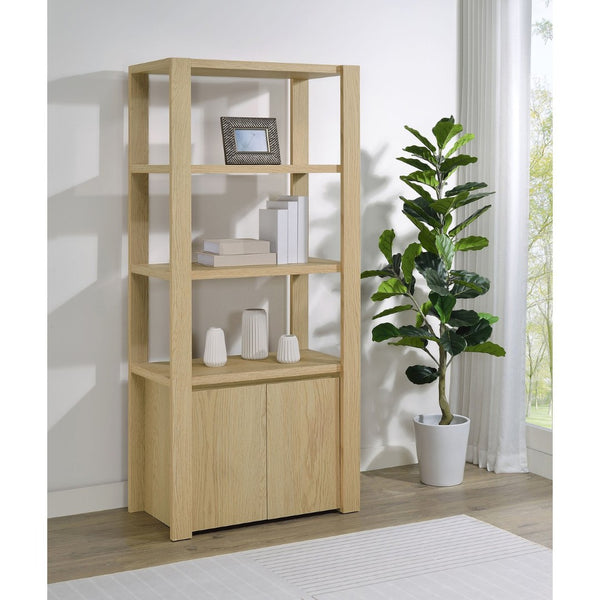 English Elm Susac Tall Pier Cabinet with Open Shelves and Lower Doors in Light Oak Finish B062P518404