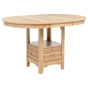 English Elm Davis Light Oak Pedestal Counter Table with Leaf Expansion and Built in Storage Shelf B062P518413