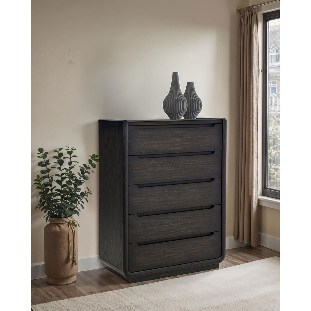 English Elm Bangor Five Drawer Chest in Burnished Ash Veneer with Soft Close Glides for Modern Bedrooms B062P518438
