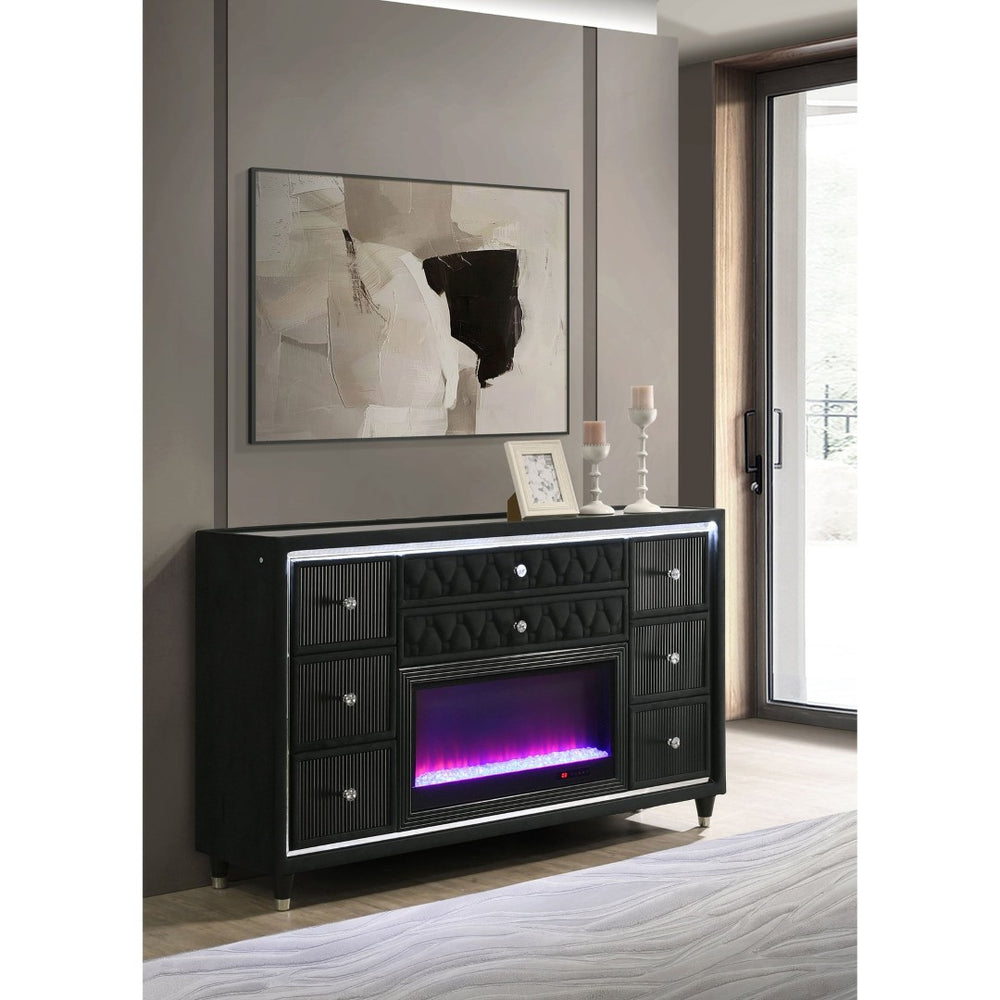 English Elm Mika Black Velvet 8 Drawer Dresser with Built in Fireplace and LED Accent Lighting B062P518595