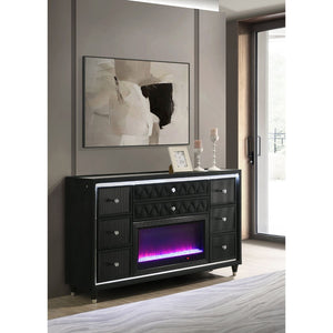 English Elm Mika Black Velvet 8 Drawer Dresser with Built in Fireplace and LED Accent Lighting B062P518595