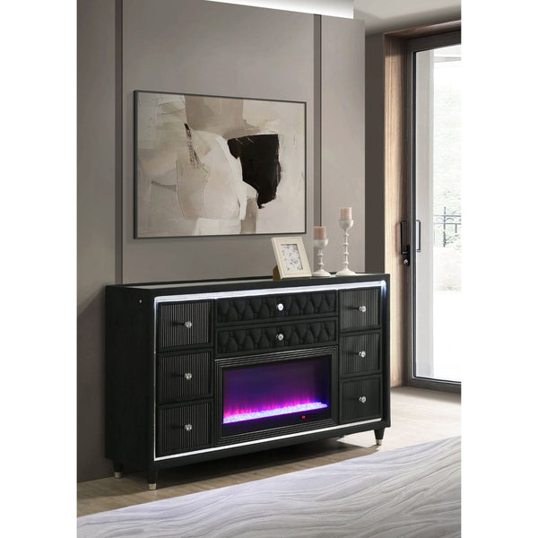 English Elm Mika Black Velvet 8 Drawer Dresser with Built in Fireplace and LED Accent Lighting B062P518595