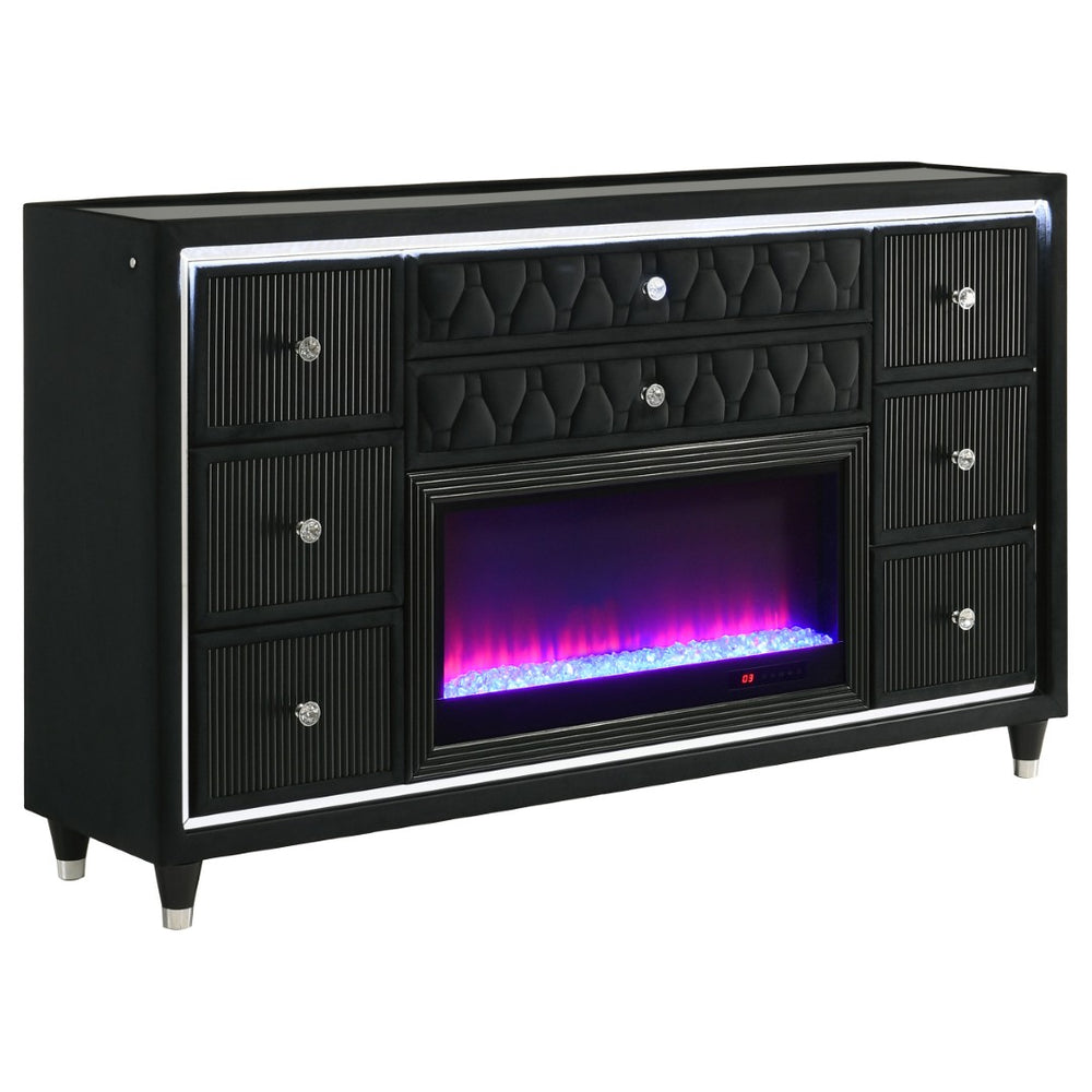 English Elm Mika Black Velvet 8 Drawer Dresser with Built in Fireplace and LED Accent Lighting B062P518595