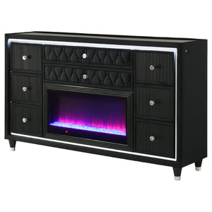 English Elm Mika Black Velvet 8 Drawer Dresser with Built in Fireplace and LED Accent Lighting B062P518595