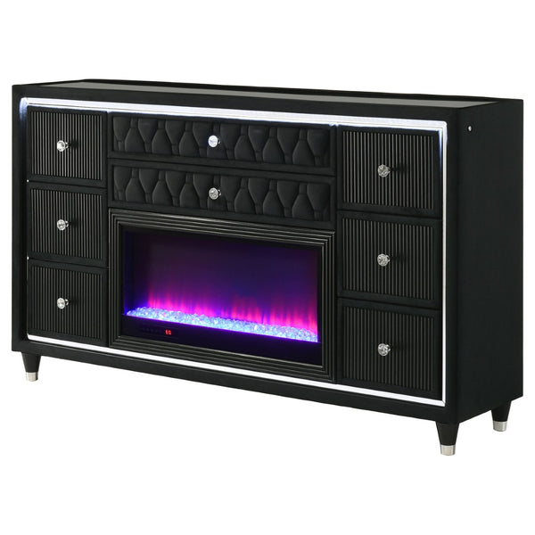 English Elm Mika Black Velvet 8 Drawer Dresser with Built in Fireplace and LED Accent Lighting B062P518595