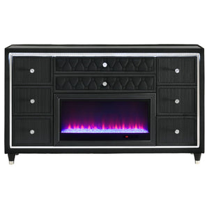 English Elm Mika Black Velvet 8 Drawer Dresser with Built in Fireplace and LED Accent Lighting B062P518595