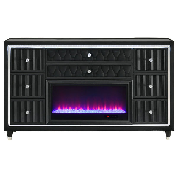English Elm Mika Black Velvet 8 Drawer Dresser with Built in Fireplace and LED Accent Lighting B062P518595