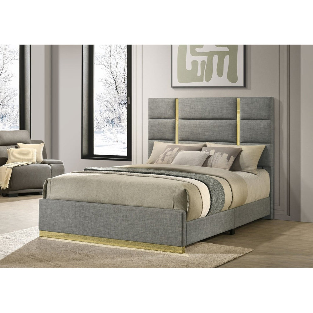 English Elm Lauryn Queen Bed Grey Woven Upholstery Channel Tufted Headboard Gold Accent Trim B062P519762