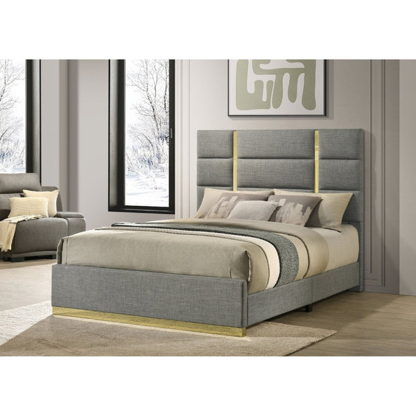 English Elm Lauryn Queen Bed Grey Woven Upholstery Channel Tufted Headboard Gold Accent Trim B062P519762