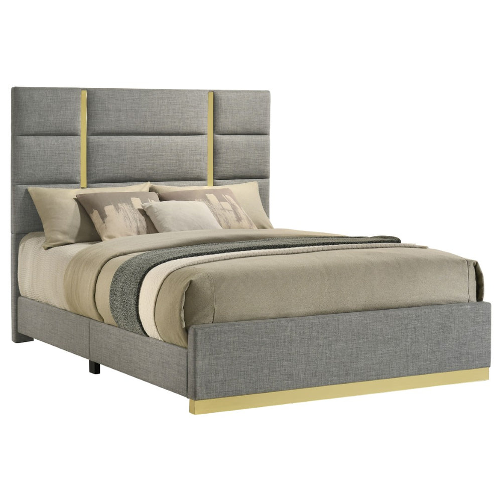 English Elm Lauryn Queen Bed Grey Woven Upholstery Channel Tufted Headboard Gold Accent Trim B062P519762