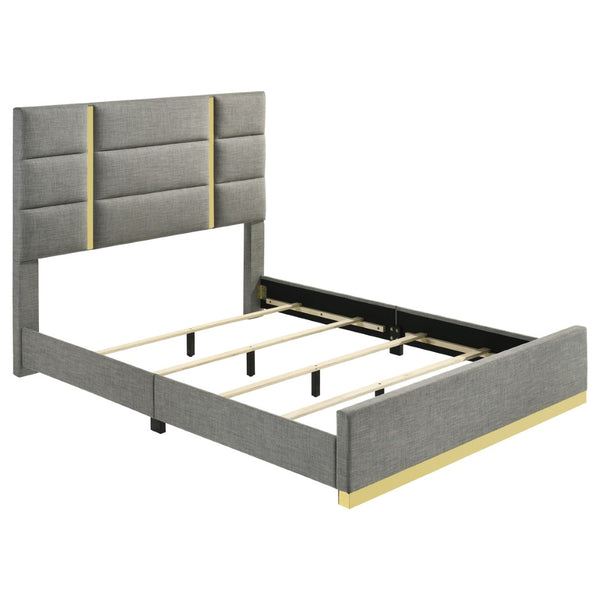 English Elm Lauryn Queen Bed Grey Woven Upholstery Channel Tufted Headboard Gold Accent Trim B062P519762