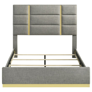 English Elm Lauryn Queen Bed Grey Woven Upholstery Channel Tufted Headboard Gold Accent Trim B062P519762
