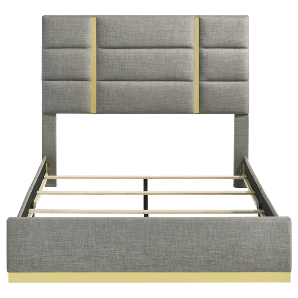 English Elm Lauryn Queen Bed Grey Woven Upholstery Channel Tufted Headboard Gold Accent Trim B062P519762
