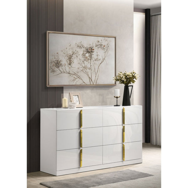 English Elm Lauryn Six Drawer Gloss White Dresser with Gold Handles for Modern Bedroom B062P519765