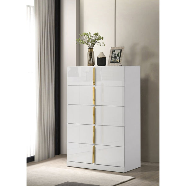 English Elm Lauryn Gloss White Five Drawer Chest with Gold Pulls for Modern Bedroom Storage B062P519768
