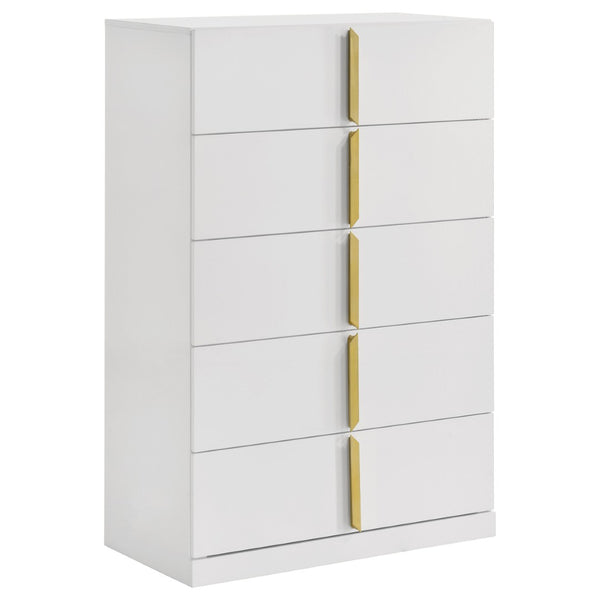 English Elm Lauryn Gloss White Five Drawer Chest with Gold Pulls for Modern Bedroom Storage B062P519768