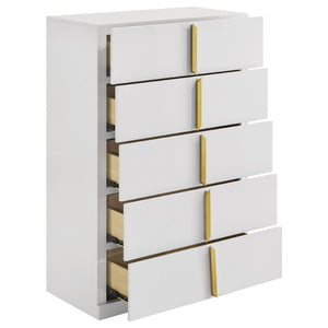 English Elm Lauryn Gloss White Five Drawer Chest with Gold Pulls for Modern Bedroom Storage B062P519768