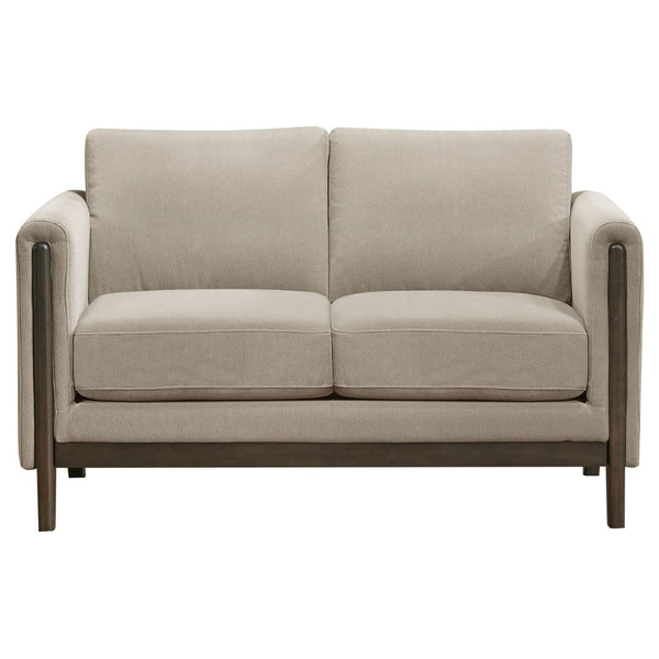 English Elm Fisher Taupe Polyester Loveseat with Coffee Wood Trim for Living Room or Den B062P519796