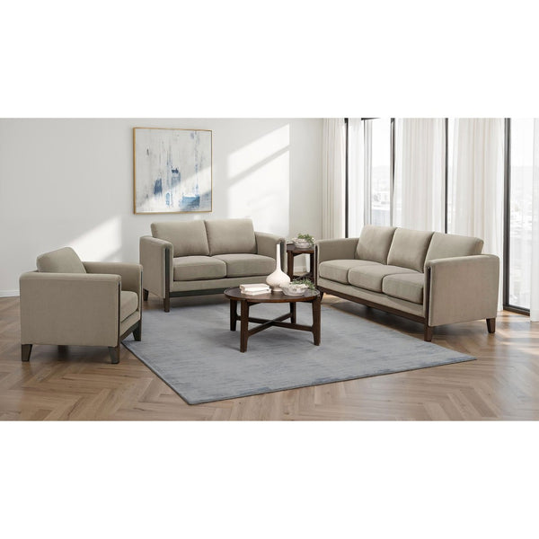 English Elm Fisher Taupe Polyester Loveseat with Coffee Wood Trim for Living Room or Den B062P519796