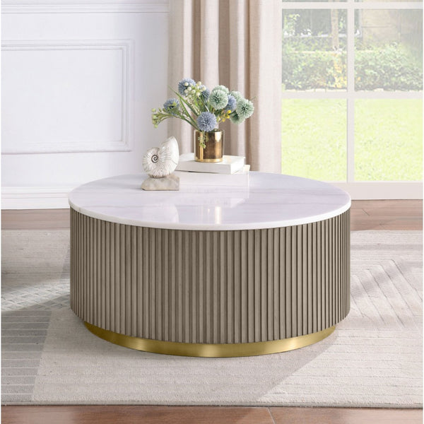 English Elm Sennewald Round White Marble Top Coffee Table with Sculptural Reeded Drum Base Greige B062P519827