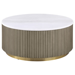 English Elm Sennewald Round White Marble Top Coffee Table with Sculptural Reeded Drum Base Greige B062P519827