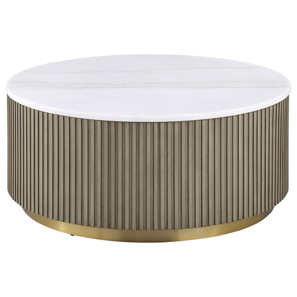English Elm Sennewald Round White Marble Top Coffee Table with Sculptural Reeded Drum Base Greige B062P519827