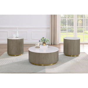 English Elm Sennewald Round White Marble Top Coffee Table with Sculptural Reeded Drum Base Greige B062P519827