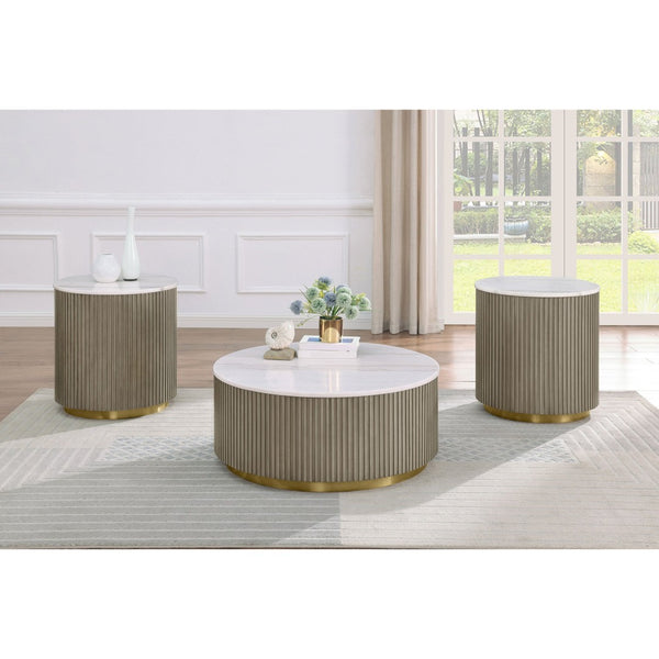 English Elm Sennewald Round White Marble Top Coffee Table with Sculptural Reeded Drum Base Greige B062P519827