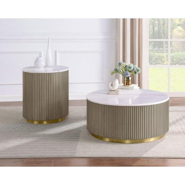 English Elm Sennewald Round White Marble Top Coffee Table with Sculptural Reeded Drum Base Greige B062P519827