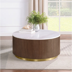 English Elm Sennewald Round White Marble Top Coffee Table with Sculptural Reeded Drum Base Honey B062P519829