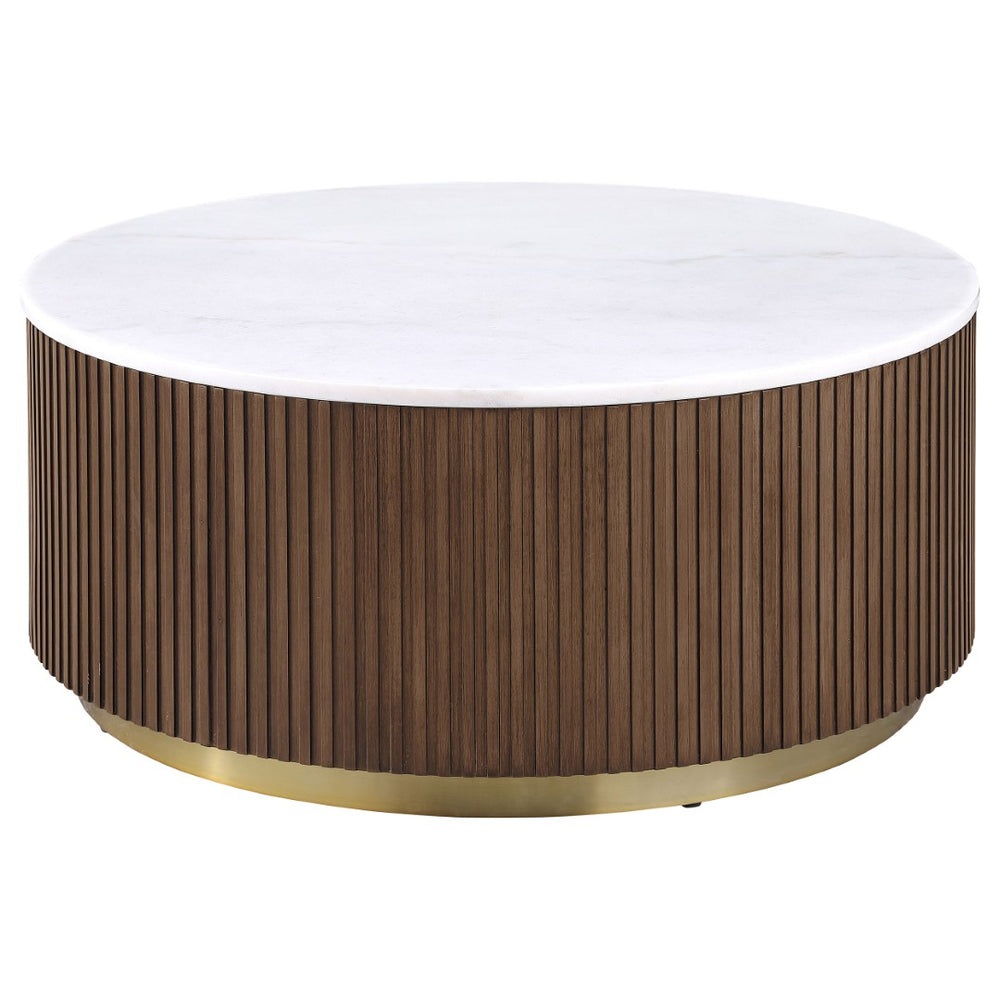 English Elm Sennewald Round White Marble Top Coffee Table with Sculptural Reeded Drum Base Honey B062P519829