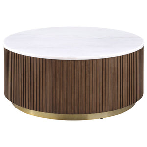 English Elm Sennewald Round White Marble Top Coffee Table with Sculptural Reeded Drum Base Honey B062P519829