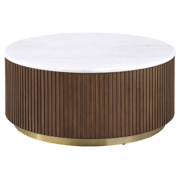 English Elm Sennewald Round White Marble Top Coffee Table with Sculptural Reeded Drum Base Honey B062P519829
