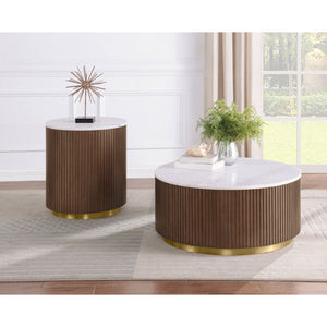 English Elm Sennewald Round White Marble Top Coffee Table with Sculptural Reeded Drum Base Honey B062P519829