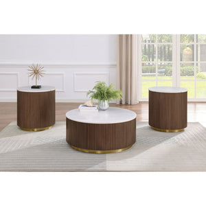 English Elm Sennewald Round White Marble Top Coffee Table with Sculptural Reeded Drum Base Honey B062P519829