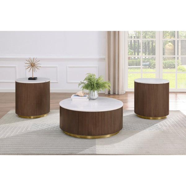 English Elm Sennewald Round White Marble Top Coffee Table with Sculptural Reeded Drum Base Honey B062P519829