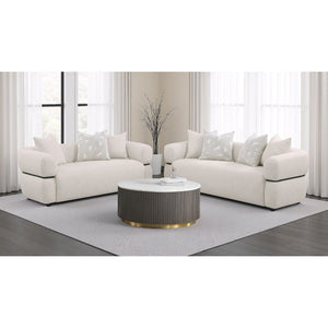 English Elm Ramsay Sculptural Beige Fabric Loveseat with Pocket Coil Support and Wood Accent Frame B062P519841